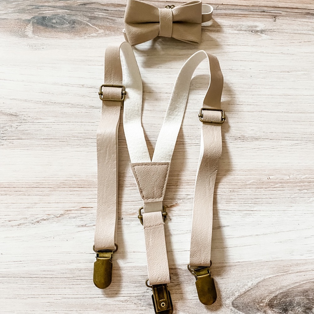 Adjustable leather suspender and bow tie set